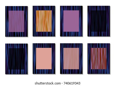Dark Minimal Covers. Striped Abstract Backgrounds for Posters, Branding, Copybooks. Simple Cover Designs in Dark Covers made with Clipping Mask. Editable Patterns with Chaotic Lattice.