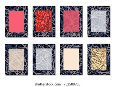 Dark Minimal Covers. Striped Abstract Backgrounds for Posters, Branding, Copybooks. Simple Cover Designs in Dark Covers made with Clipping Mask. Editable Patterns with Chaotic Lattice.