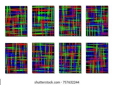 Dark Minimal Covers. Striped Abstract Backgrounds for Posters, Branding, Copybooks. Simple Cover Designs in Dark Covers made with Clipping Mask. Editable Patterns with Chaotic Lattice.