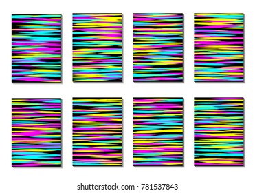 Dark Minimal Covers. Striped Abstract Backgrounds for Posters, Branding, Copybooks. Simple Cover Designs in Dark Covers made with Clipping Mask. Editable Patterns with Chaotic Lattice.