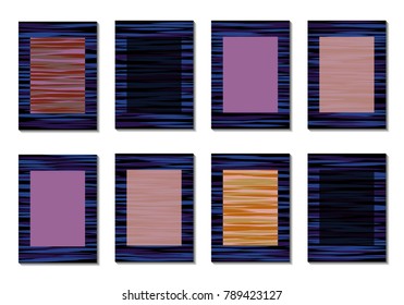 Dark Minimal Covers. Striped Abstract Backgrounds for Posters, Branding, Copybooks. Simple Cover Designs in Dark Covers made with Clipping Mask. Editable Patterns with Chaotic Lattice.