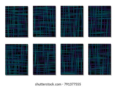 Dark Minimal Covers. Striped Abstract Backgrounds for Posters, Branding, Copybooks. Simple Cover Designs in Dark Covers made with Clipping Mask. Editable Patterns with Chaotic Lattice.