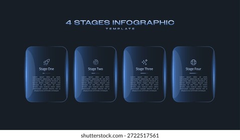 Dark Minimal Tech Infographic Template with Neon Blue Gradient 4 Steps or Stages Vector Diagram for AI Data Analysis Semiconductor UI Interface Layout