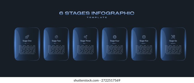 Dark Minimal Tech Infographic Template with Neon Blue Gradient 6 Steps or Stages Vector Diagram for AI Data Analysis Semiconductor UI Interface Layout