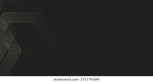 Un fondo oscuro y minimalista con sutiles patrones de líneas hexagonales abstractas de color gris claro en capas en el lado izquierdo, creando una estética moderna y tecnológica con un amplio espacio de copia.