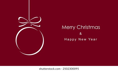 Dark minimalist Christmas and New Year horizontal banner with one ball hanging on ribbon. White line contour on red or burgundy color background, minimalism. Vector template of elegant modern design.