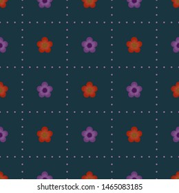 Dark minimalist geometric dotted square seamless pattern with small flowers. Vintage, retro palette. Repeat symmetrical botanical pattern. Vector illustration.