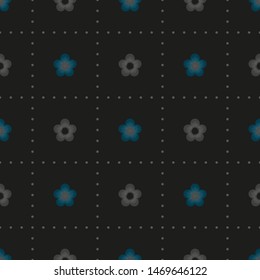 Dark minimalist geometric dotted square seamless pattern with small flowers on black background. Repeat symmetrical botanical dark pattern. Vector illustration.