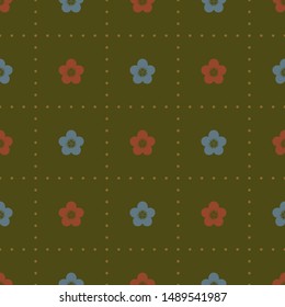 Dark minimalist geometric dotted square seamless pattern with small flowers. Vintage, retro palette. Repeat symmetrical botanical pattern. Vector illustration.
