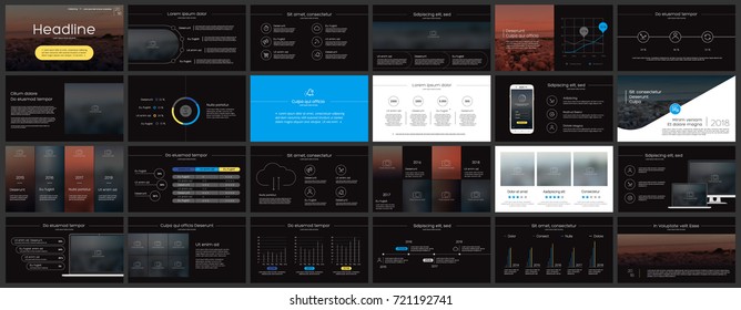 Dark minimalist presentation templates elements on a black background. Vector infographics. Use in Presentation, flyer and leaflet, corporate report, marketing, advertising, annual report, banner.