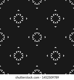 Dark minimalist seamless pattern. Simple vector black and white minimal geometric texture. Abstract monochrome background with small floral shapes, lines. Subtle design for decor, wallpaper, web