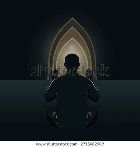 A dark minimalist vector illustration of a man sitting and praying with raised hands, facing a glowing archway