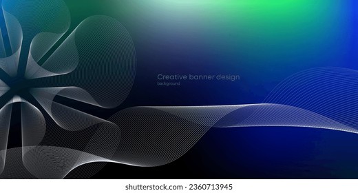 Dark minimalistic background with subtle waves. A design element with harmonious moving lines and a flower-like shape. Modern green blue gradient smooth wave line. Futuristic technology concept