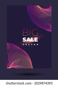 Dark minimalistic vector design for poster with easy geometry shape from thin purple lines and lettering big sale and glowing and black background