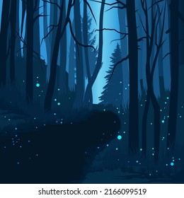 Dark misty forest with magical sparkles. Dark woods, silhouette of trees. Halloween scary scene, vector illustration.