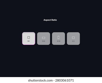 Dark mode aspect ratio UI button set, image size selection interface with neon glow active state, editable vector EPS component template⁠