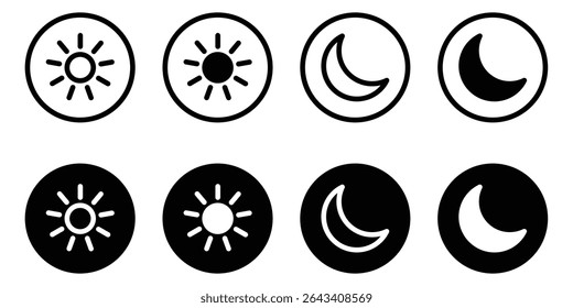 Dark Mode and Brightness Icon Set – Day and Night Switch with Sun, Moon, and Light Symbols in Outline and Filled Style.