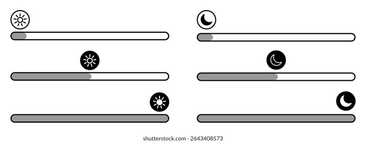 Dark Mode and Brightness Icon Set – Day and Night Switch with Sun, Moon, and Light Symbols in Outline and Filled Style.