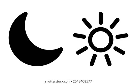 Dark Mode and Brightness Icon Set – Day and Night Switch with Sun, Moon, and Light Symbols in Outline and Filled Style.