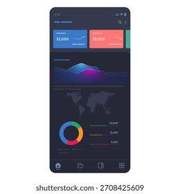 Dark mode business analytics dashboard interface for mobile application colorful charts black background financial statistics or data monitoring system