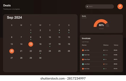 Dark mode dashboard displaying calendar, quota progress, and invoice list for business analytics and tracking financial data. Modern UI design for insights.