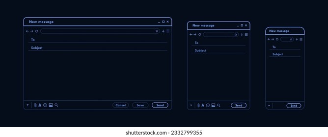 Dark mode email interface. Outline mail window template for mobile phone, tablet and computer. Internet new message frame, blank email. Modern line style vector illustration.