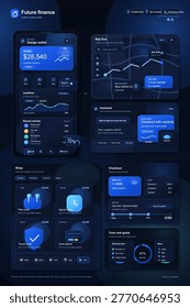 Dark mode fintech mobile suite with wallet dashboard, transfer map, assistant checkout cards, shop modules, and security analytics widgets.