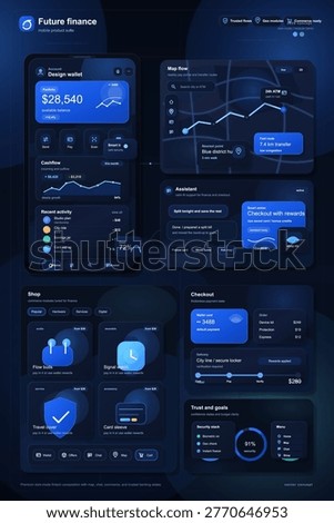 Dark mode fintech mobile suite with wallet dashboard, transfer map, assistant checkout cards, shop modules, and security analytics widgets.