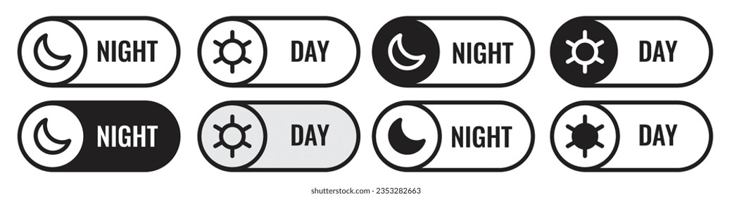 Dark Mode icon. Computer or mobile device day and night toggle switch symbol. Vector set of morning sun light or sleep slider. Flat outline of website app display theme. Logo sign of on off mode