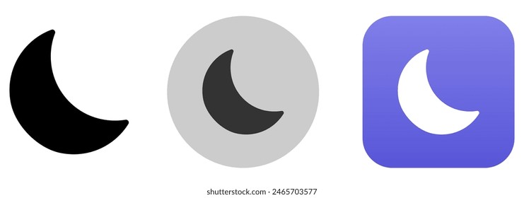 Dark mode icon. Night mode vector button. Moon symbol in black, grey and violet color. Half moon app sign.