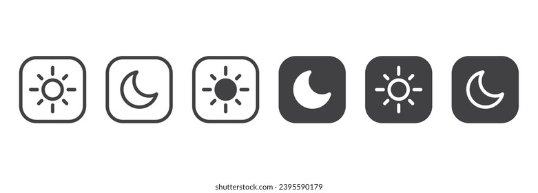 Dark mode icon set, Day and night, dark and light modes. Screen modes icons set. Screen brightness and contrast level control icons. Day night switch. Vector Illustration