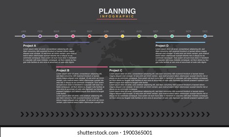 Plantilla infográfica de modo oscuro para empresas. Calendario moderno de diagrama de línea de tiempo con gráfico de concesión, infografía de vector de presentación. Planificador de año, 12 meses, 1 año de procesos y meta