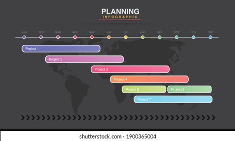 Dark Mode Infographic template for business. Modern Timeline diagram calendar with grantt chart, presentation vector infographic. Year planner, 12 months, 1 year processes and goal