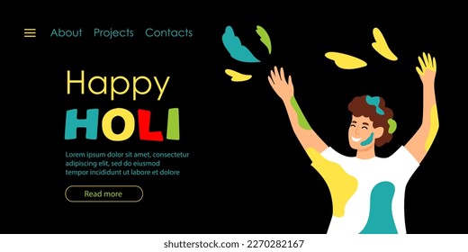 Dark mode for interface design landing page or website template Happy Holi Hindu tradition holiday