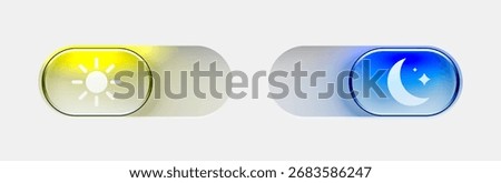 Dark mode and light mode. Modern liquid glass button set. Material design. Day and night mode switch button. Vector illustration.