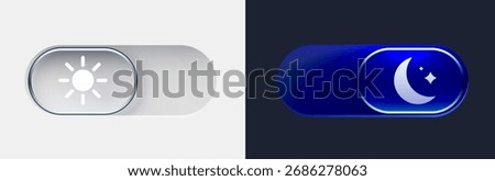 Dark mode and light mode. Modern liquid glass button set. Material design. Day and night mode switch button. Vector illustration.