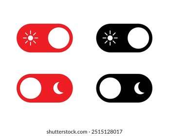 dark mode and light mode toggle switch. black, red and white day and night buttons with sun and moon icon for app, sun and moon icons