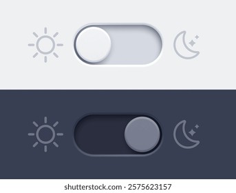 Dark mode and light mode toggle switch buttons. Material design slider switch buttons set. Day and night mode switch button. Vector illustration.