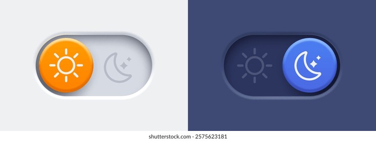 Dark mode and light mode toggle switch buttons. Material design slider switch buttons set. Day and night mode switch button. Vector illustration.