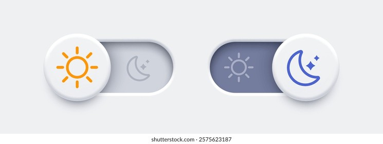 Dark mode and light mode toggle switch buttons. Day and night mode switch button. Material design slider switch buttons set. Vector illustration.