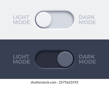 Dark mode and light mode toggle switch buttons. Material design slider switch buttons set. Day and night mode switch button. Vector illustration.