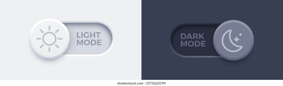 Dark mode and light mode toggle switch buttons. Material design slider switch buttons set. Day and night mode switch button. Vector illustration.