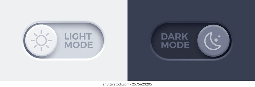 Dark mode and light mode toggle switch buttons. Material design slider switch buttons set. Day and night mode switch button. Vector illustration.