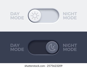 Dark mode and light mode toggle switch buttons. Material design slider switch buttons set. Day and night mode switch button. Vector illustration.