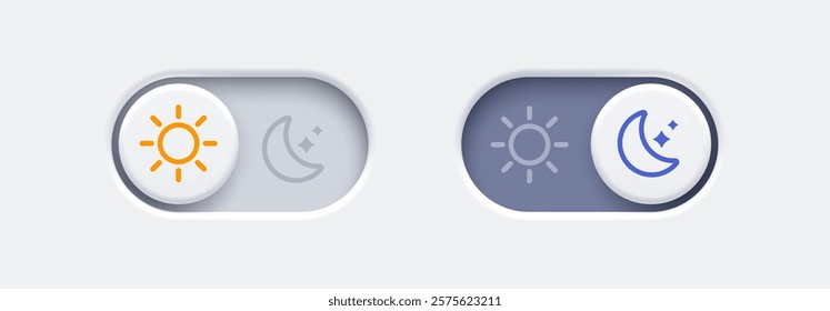 Dark mode and light mode toggle switch buttons. Day and night mode switch button. Material design slider switch buttons set. Vector illustration.