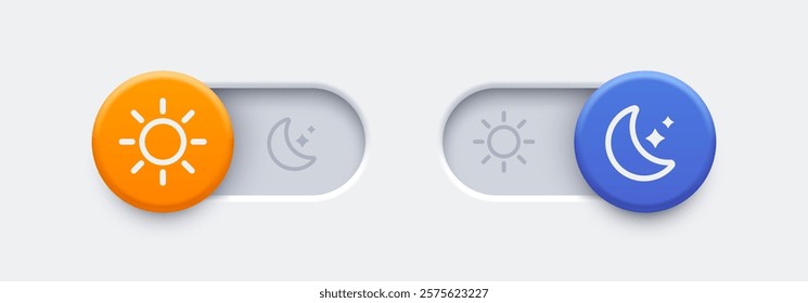 Dark mode and light mode toggle switch buttons. Material design slider switch buttons set. Day and night mode switch button. Vector illustration.