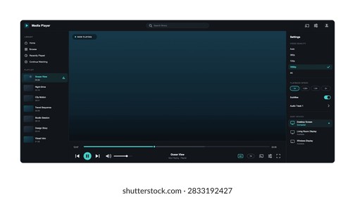 Dark mode media player interface template with playlist sidebar, video playback screen controls and streaming settings dashboard menu. Modern application layout. Vector dashboard with UI, UX.