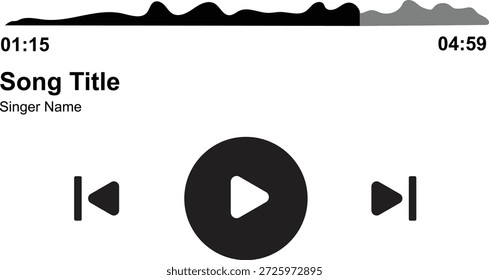 Ilustração vetorial da interface do usuário do player de música no modo escuro. Interface de mídia minimalista com controles de reprodução, barra de progresso e espaços reservados para informações de faixa. Gráfico de áudio digital para design de aplicativo, prototipagem de software e layouts de interface do usuário UX.