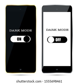 Dark mode on off vector concept . Night mode. Vector On and Off Switch. Dark and Light Mode Switcher for Phone Screens, tablets and computers. Toggle Element for Mobile App, Web Design, Animation