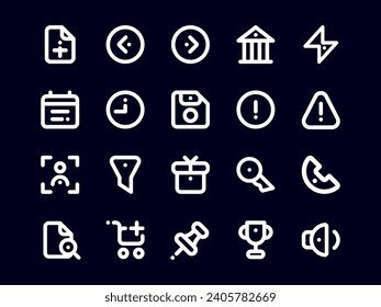Dark Mode Outline Style User Interface Icon Pack. Collection of Essential Icon Sets, Perfect for Websites, Landing Pages, Mobile Apps, Presentations and for UI UX Needs.